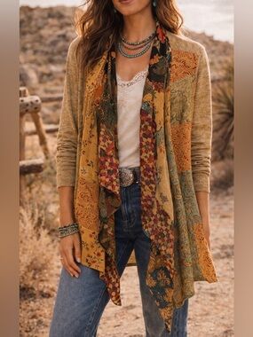 Young Threads ⭐️ Patchwork Boho Cardigan Drape Front Western Festival NWT Small